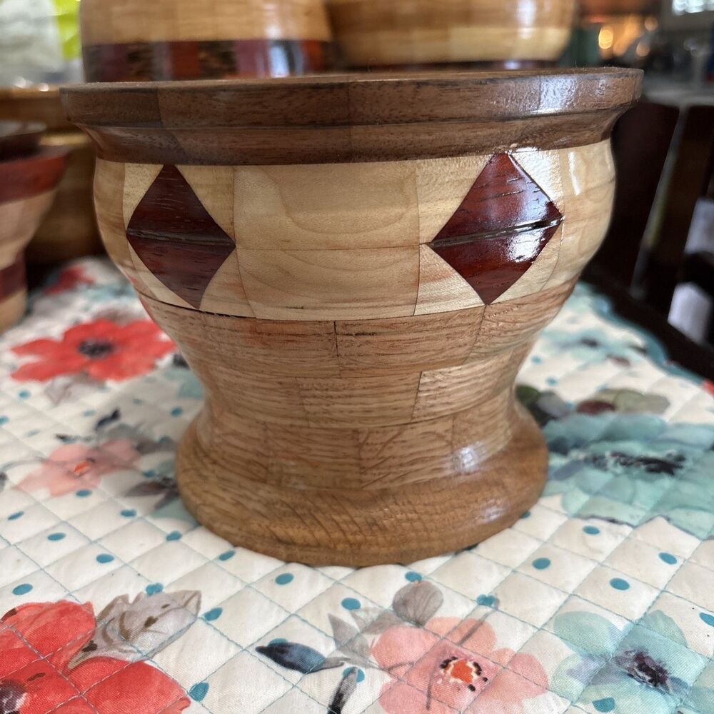 Segmented Wood Handcrafted Pedestal Bowl Padauk Cherry Black Walnut 12 Ring Orig